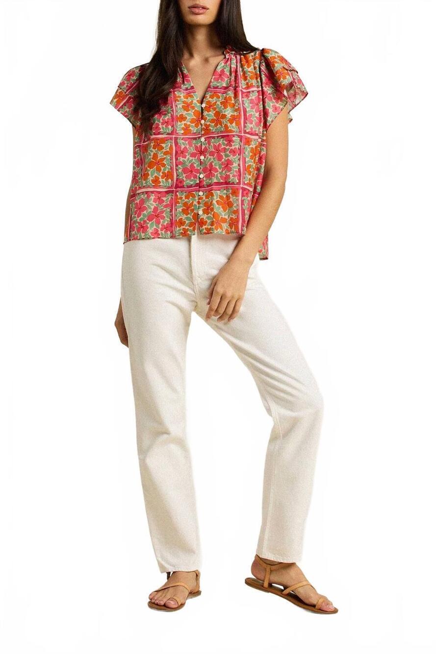 NEW TROVATA violette slightly oversized button-front blouse in botanic tile
